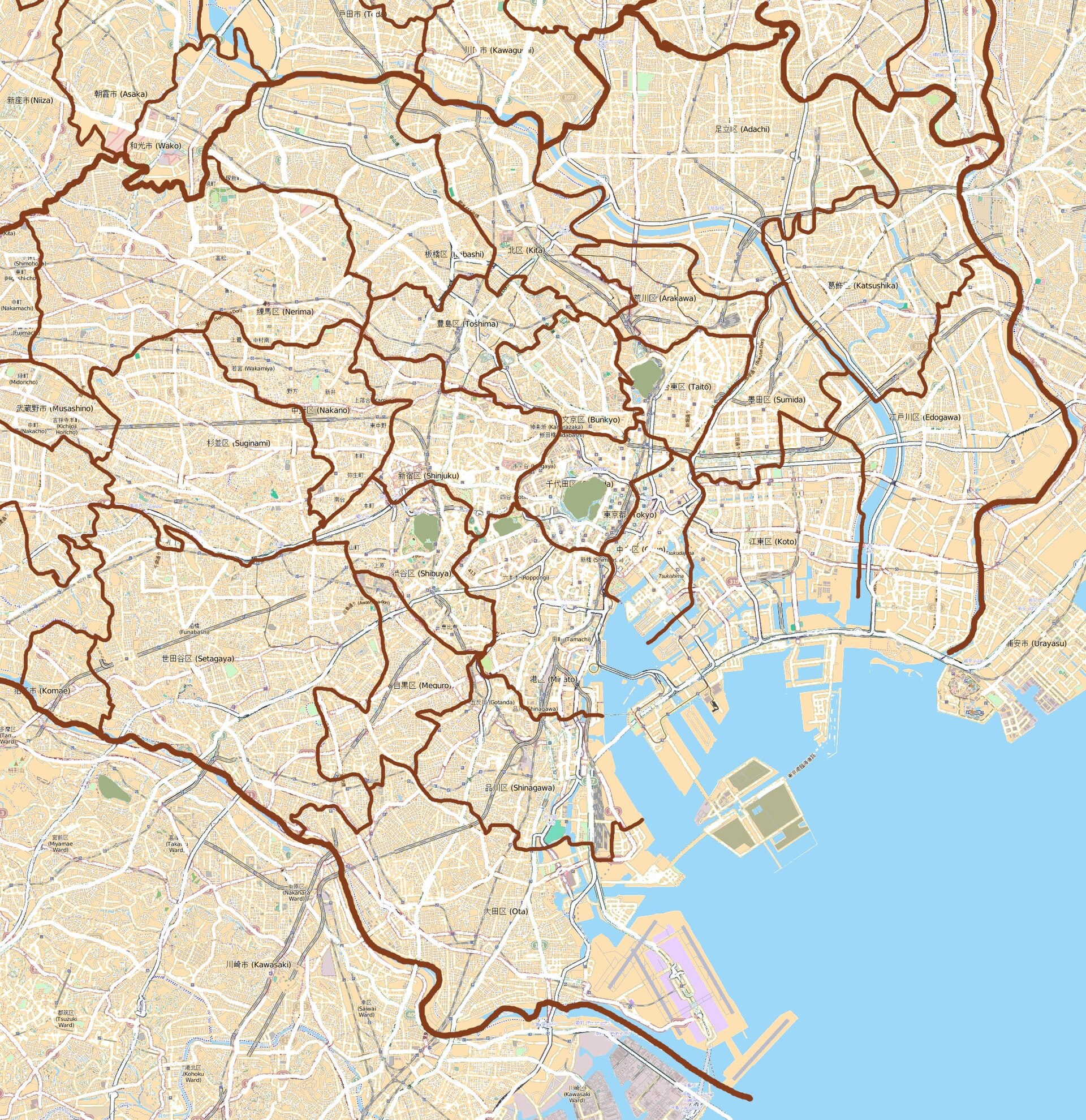 Imagem de referência de região especial de Tóquio, descrito nos dados abertos como divisão administrativa da Metrópole de Tóquio no Japão