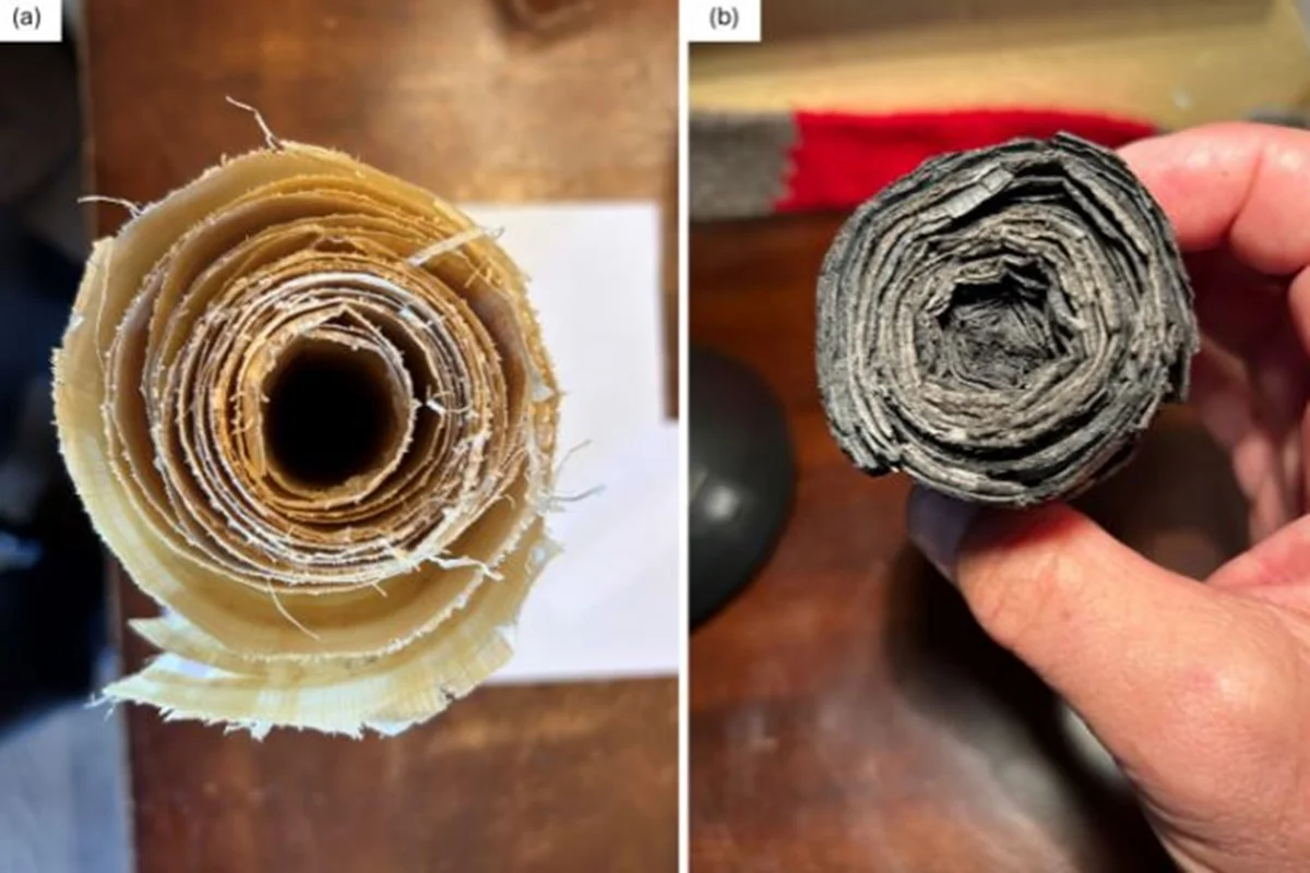 Imagem colorida mostra antes e depois de pergaminho carbonizado - Metrópoles