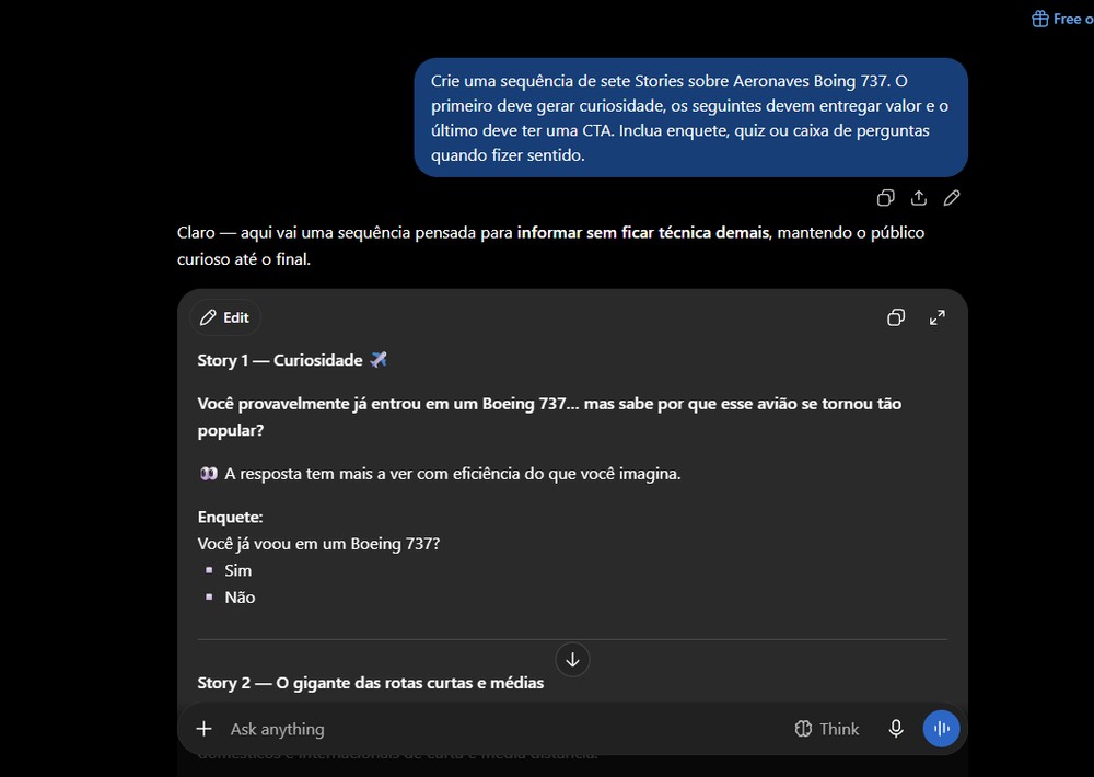 O ChatGPT gera a ideia, conteúdo e chamadas para a sequencia de stories — Foto: Reprodução/Gabriel Pereira
