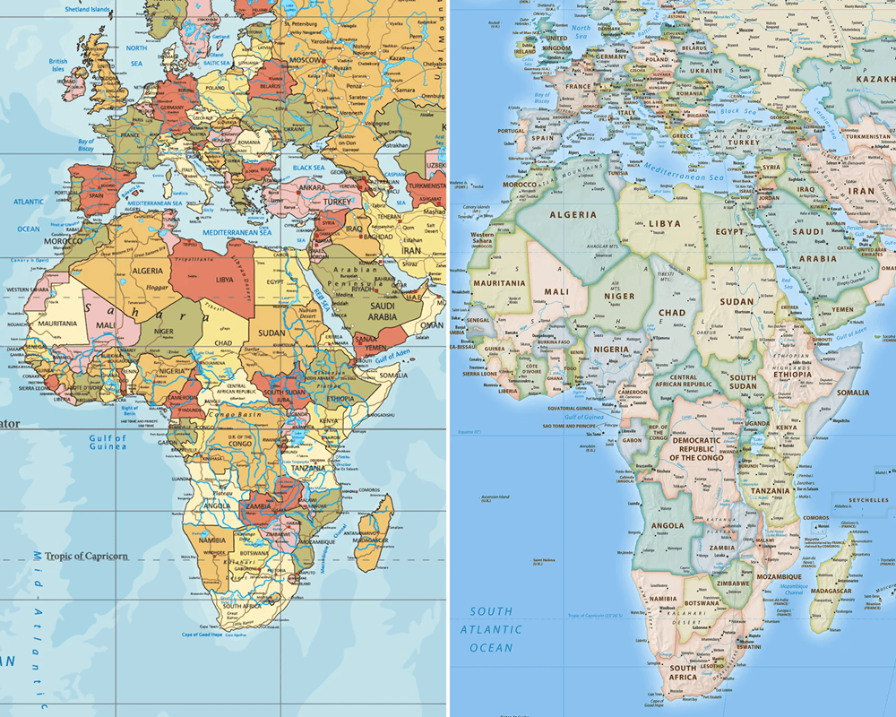 África no mapa-múndi tradicional baseado na projeção de Mercator (à esquerda) e no mapa Equal Earth de 2018 (à direita)