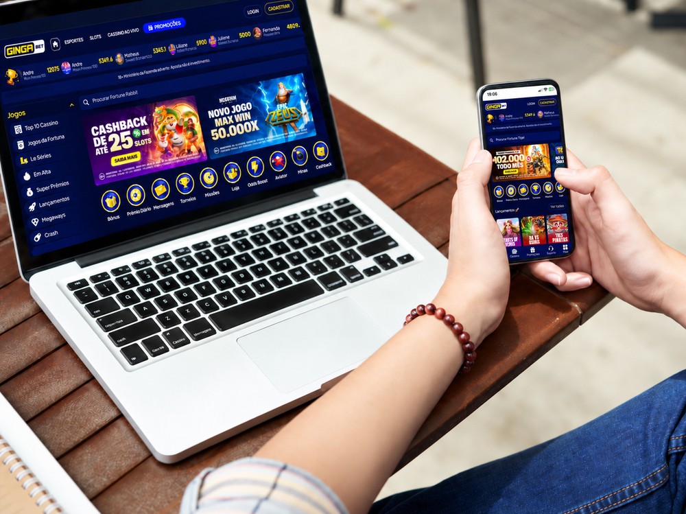Ginga Bet pode ser acessada pelo computador e pelo celular, com apostas esportivas, jogos de cassino e ferramentas de navegação disponíveis na plataforma — Foto: Reprodução/ Magnific - Edição Raphael Alves