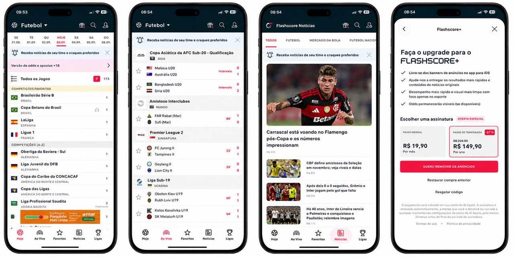Placares em tempo real e informações atualizadas das partidas aparecem entre os principais recursos do Flashscore — Foto: Reprodução/Flashscore