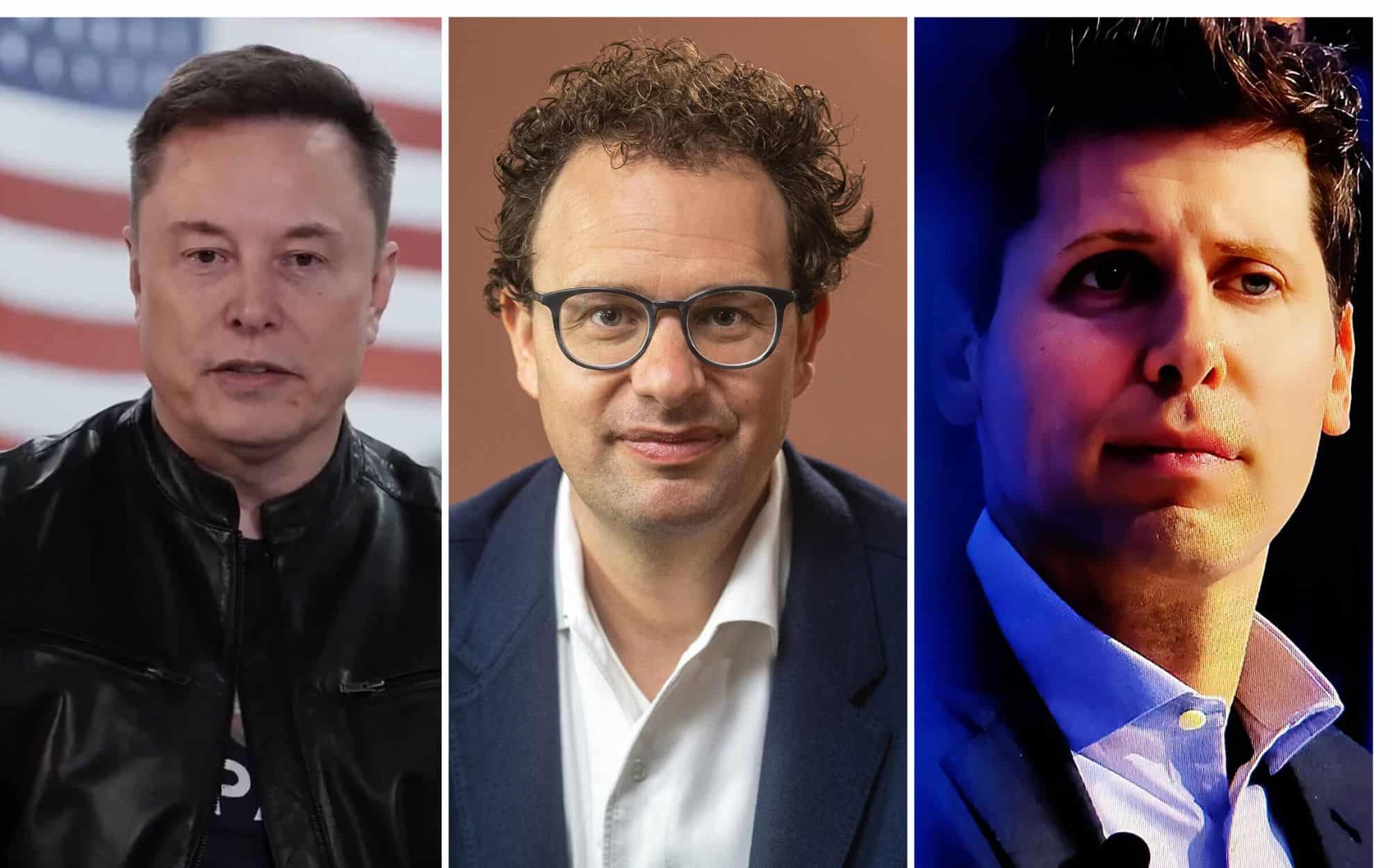 Montagem com imagens de Elon Musk, CEO da SpaceX; Dario Amodei, CEO da Anthropic; e Sam Altman, CEO da OpenAI
