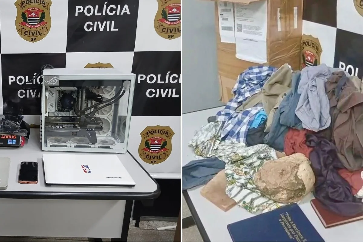 Imagem colorida mostra itens apreendidos em operação contra golpe com panos e pedras em plataforma de comércio. Metrópoles