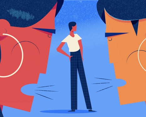 An illustration of two women from side profile shouting at each other, while another person stands in the middle.
