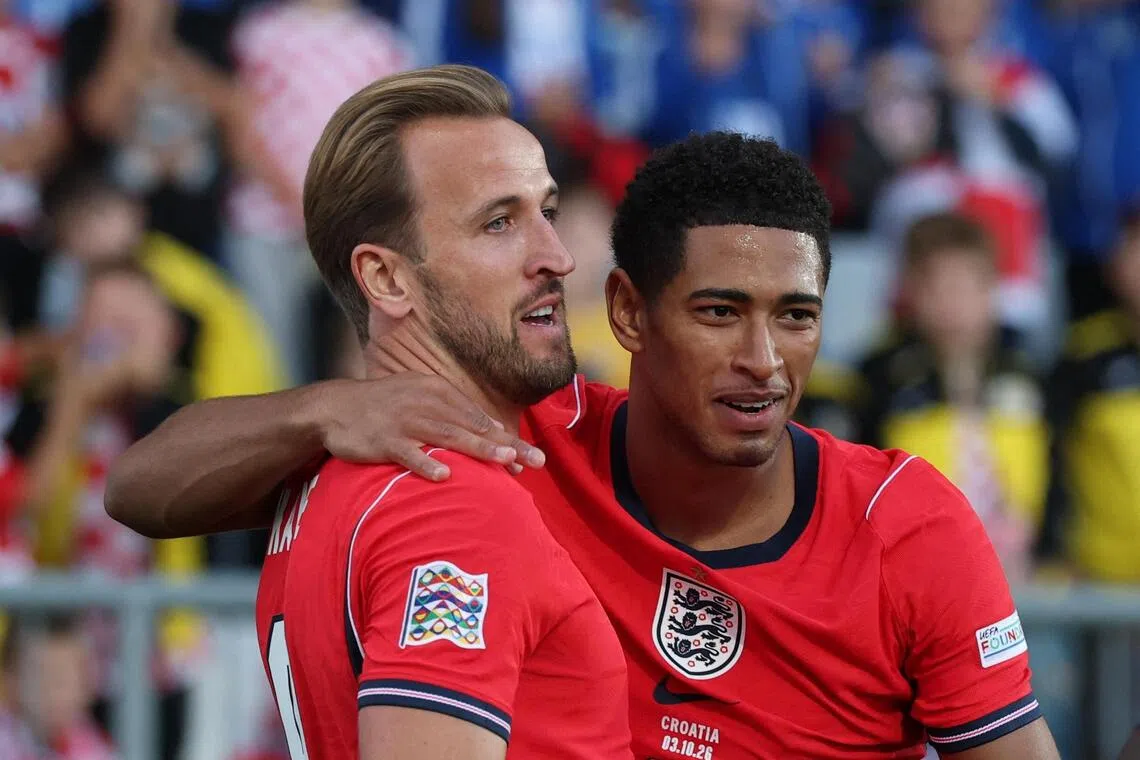 England’s Harry Kane celebrates scoring their first goal in the 7-0 Nations League win over Croatia on Oct 3 with Jude Bellingham.