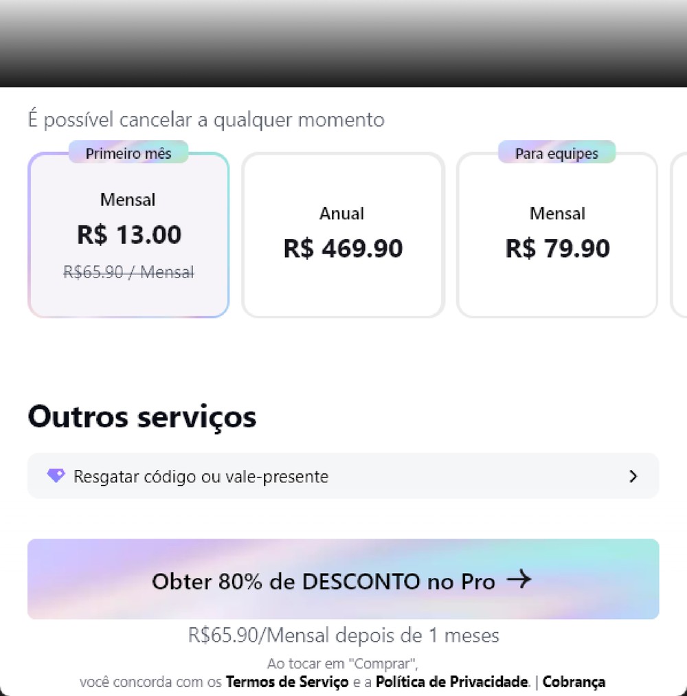 No CapCut Pro para Desktop, o desconto é aplicado apenas no plano mensal — Foto: Reprodução/Paola Mansur