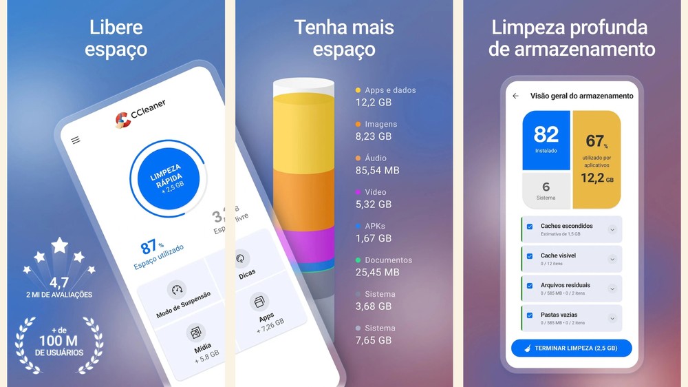 CCleaner para Android reúne limpeza de cache, gerenciador de apps e monitor do sistema — Foto: Reprodução/Google Play Store