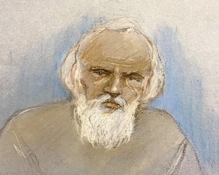 Court artist sketch Shapoor Qalehali Khani Noori appearing via videolink at the Old Bailey in London in March.