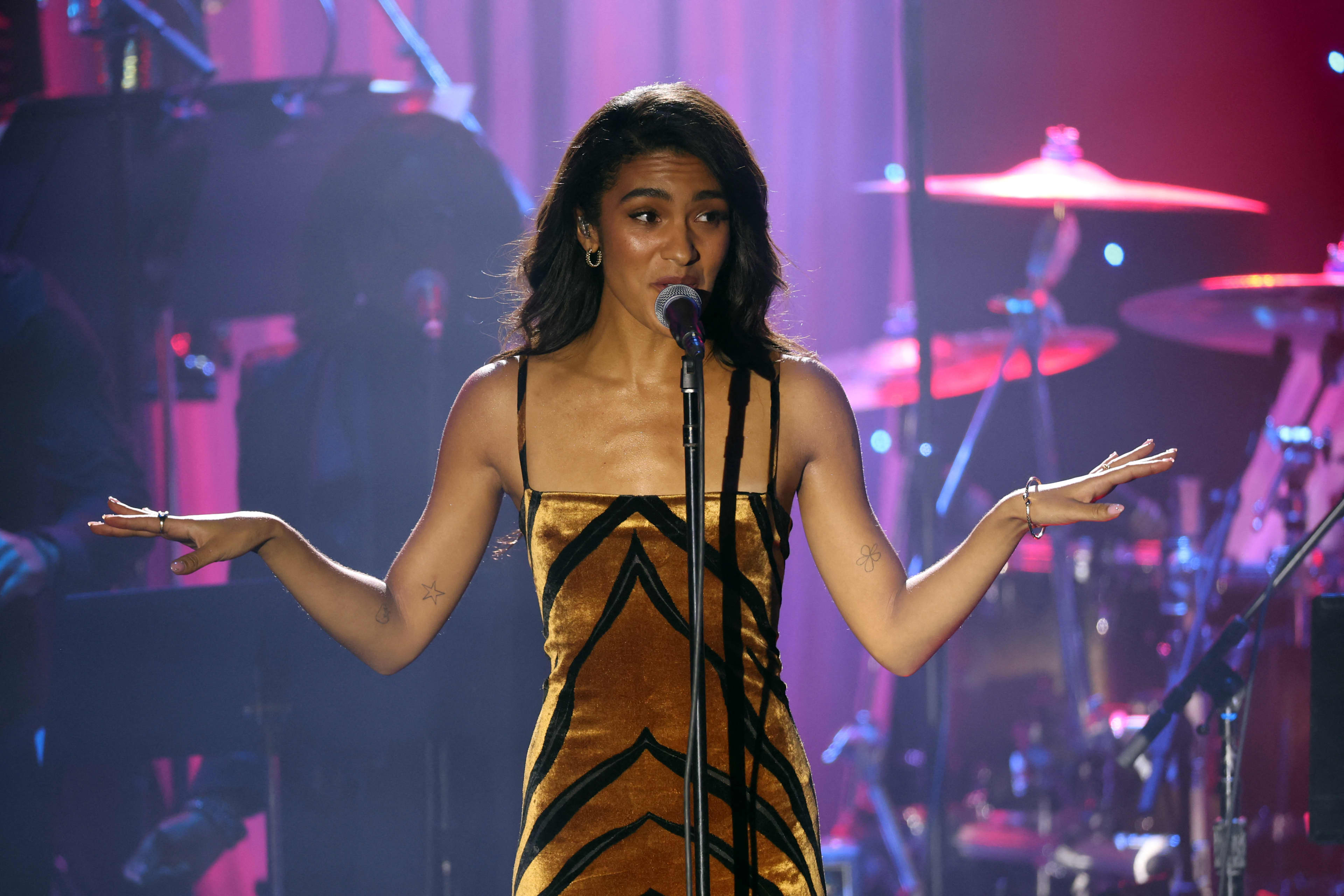 British singer-songwriter Olivia Dean performs onstage during the Recording Academy and Clive Davis' Salute To Industry Icons pre-Grammy gala at the Beverly Hilton hotel in Beverly Hills, California on January 31, 2026. (Photo by Patrick T. Fallon / AFP)