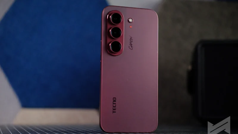 TECNO Camon Slim 5G in Burgundy Red, rear view showing the camera module
