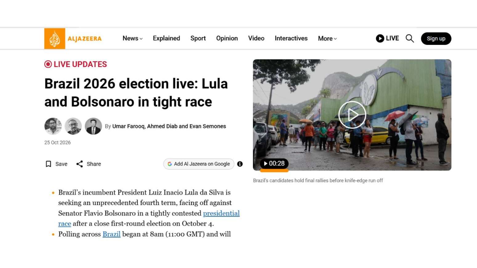 Al Jazeera: Eleições no Brasil 2026 ao vivo: Lula e Bolsonaro em disputa acirrada