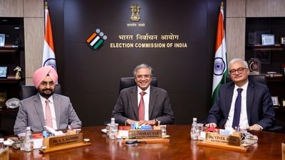 Chief Election Commissioner Gyanesh Kumar with Election Commissioners S S Sandhu and Vivek Joshi. (PTI FILE)