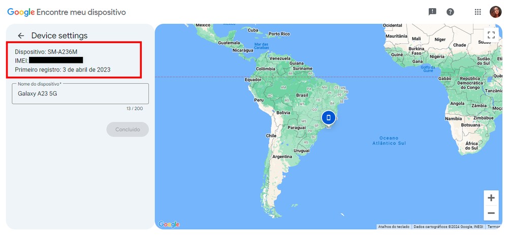 IMEI do celular aparece logo em destaque nas configurações do serviço "Encontre meu Dispositivo" — Foto: Reprodução/Carolina Torres