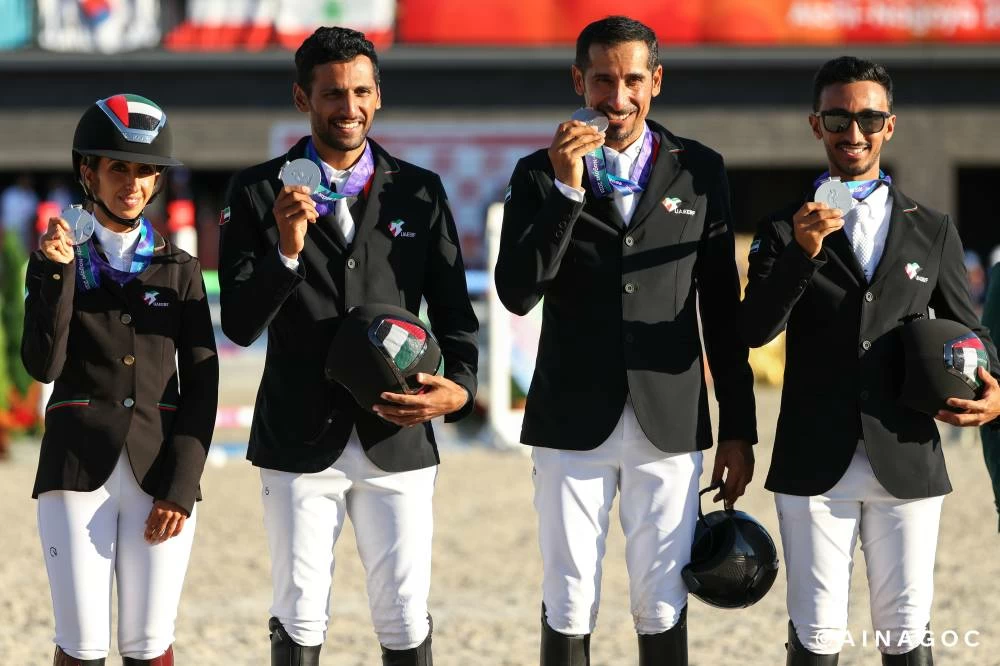 His Highness Sheikh Mansoor bin Mohammed bin Rashid Al Maktoum praised the achievements of Sheikha Latifah bint Ahmed bin Juma Al Maktoum, whose silver medal with the UAE show jumping team at Aichi–Nagoya 2026 took her Asian Games medal tally to four.