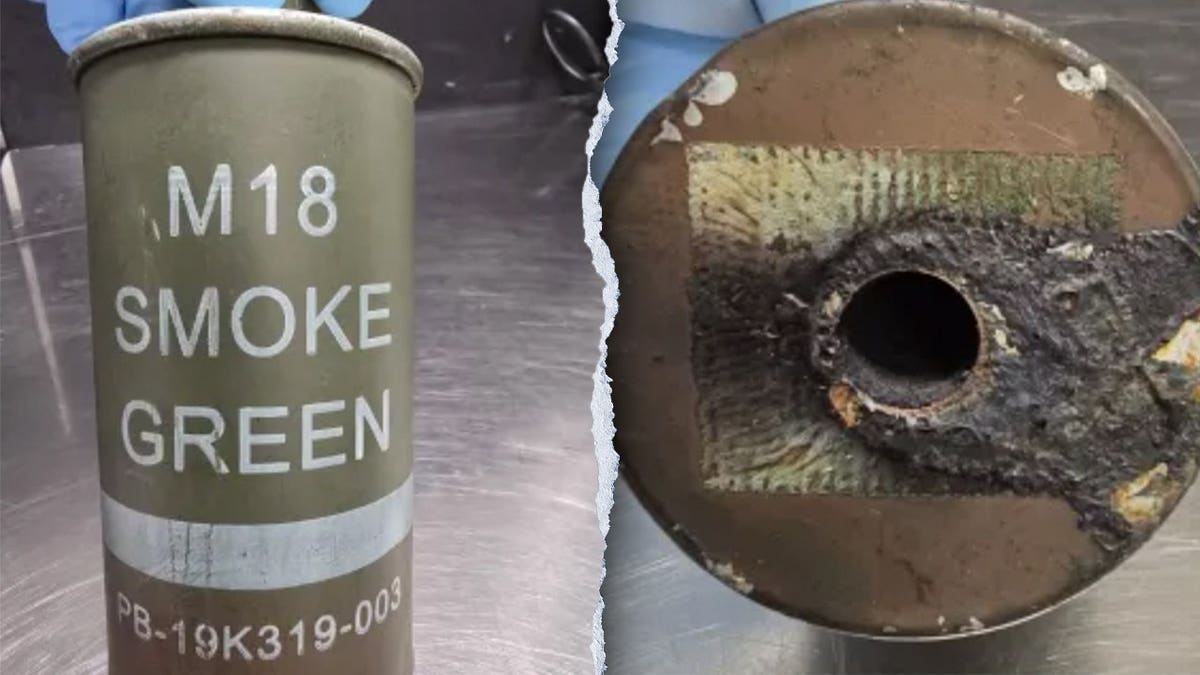 Split image of smoke grenade in luggage