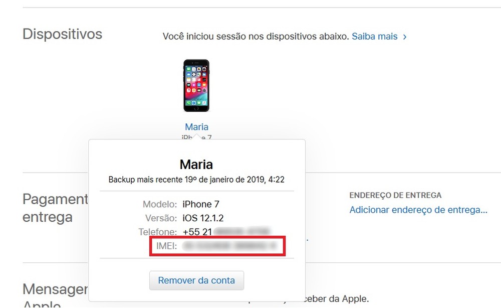 Conta da Apple exibe número de IMEI do iPhone do usuário — Foto: Reprodução/Isabela Cabral