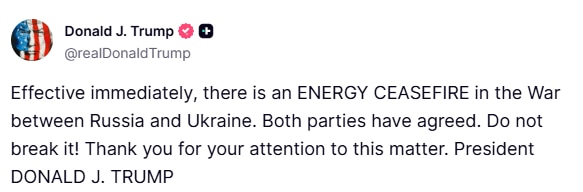 Trump anuncia cessação do fogo entre Rússia e Ucrânia em energia, alerta ambas as partes contra violações